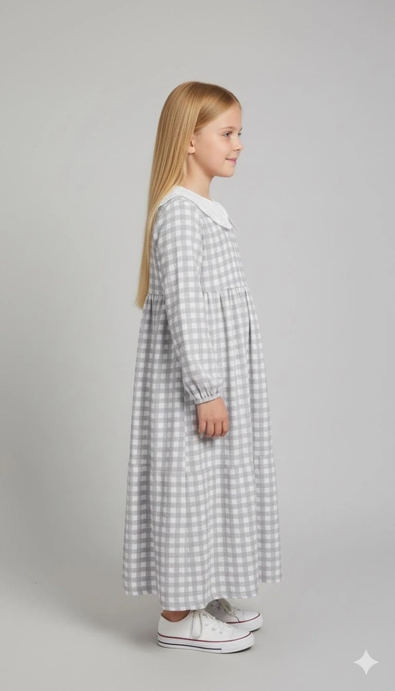Gri Ekose Şile Bezi Kız Çocuk Elbise | Tam Boy Tesettür | 4-15 Yaş | Doğal & Rahat Kumaş
