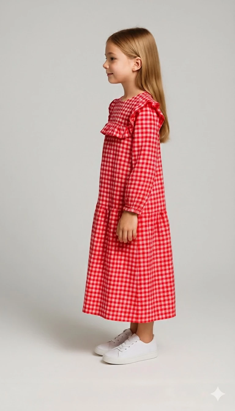 Kırmızı Ekose Bürümcük Kumaş Kız Çocuk Elbise | Tam Boy | 4-15 Yaş | Günlük & Özel Kullanım