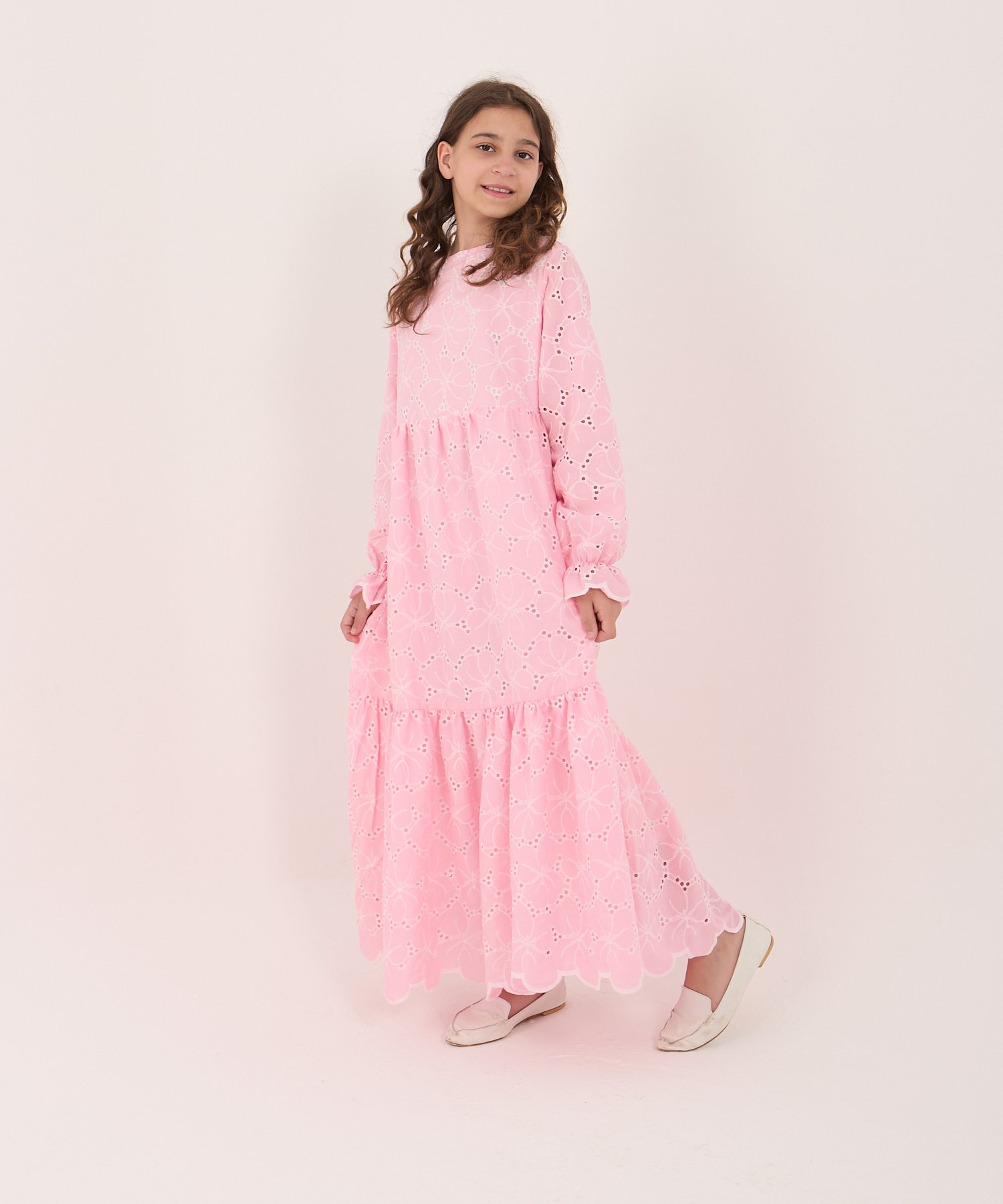 Kız Çocuk Pembe Fistolü Tam Boy Elbise – Tesettür Uyumlu | %80 Pamuklu (5-15 Yaş)