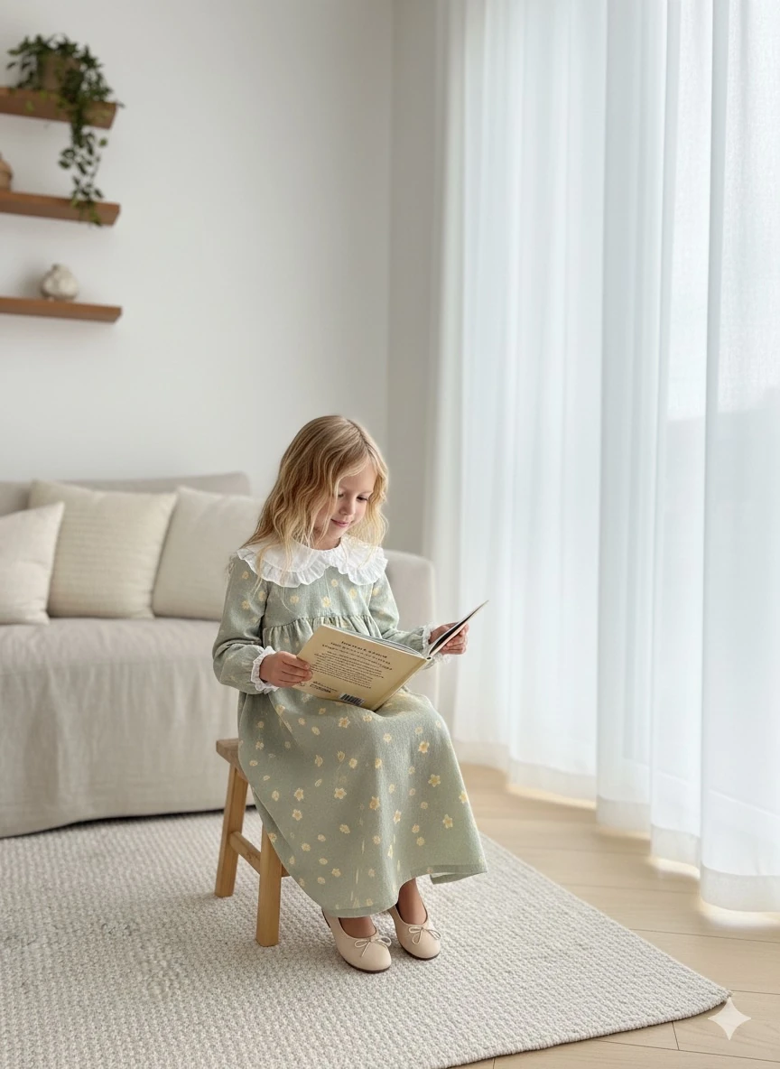 Beyaz Yakalı Yeşil Çiçekli Kız Çocuk Müslin Elbise | Tam Boy | 4-15 Yaş 