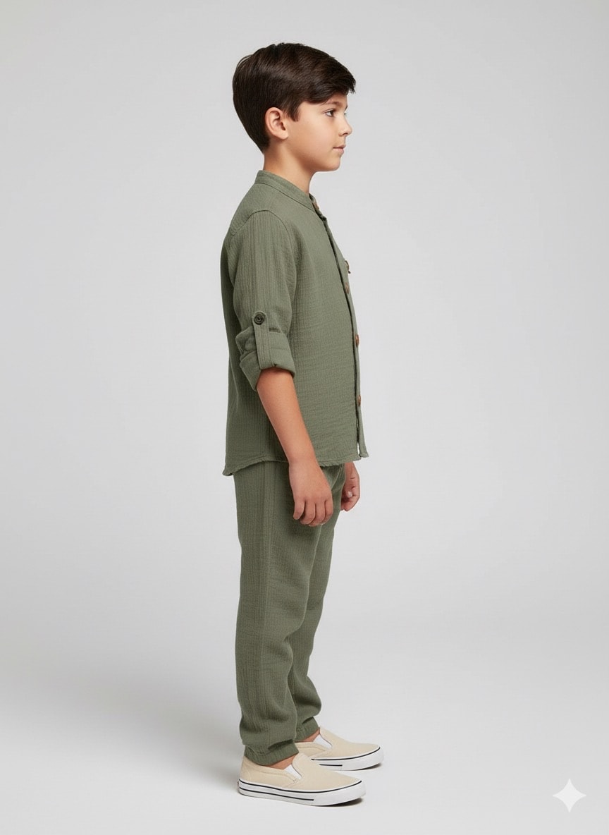 Erkek Çocuk Koyu Yeşil Müslin Umre Hazırlık Gömlekli Takım