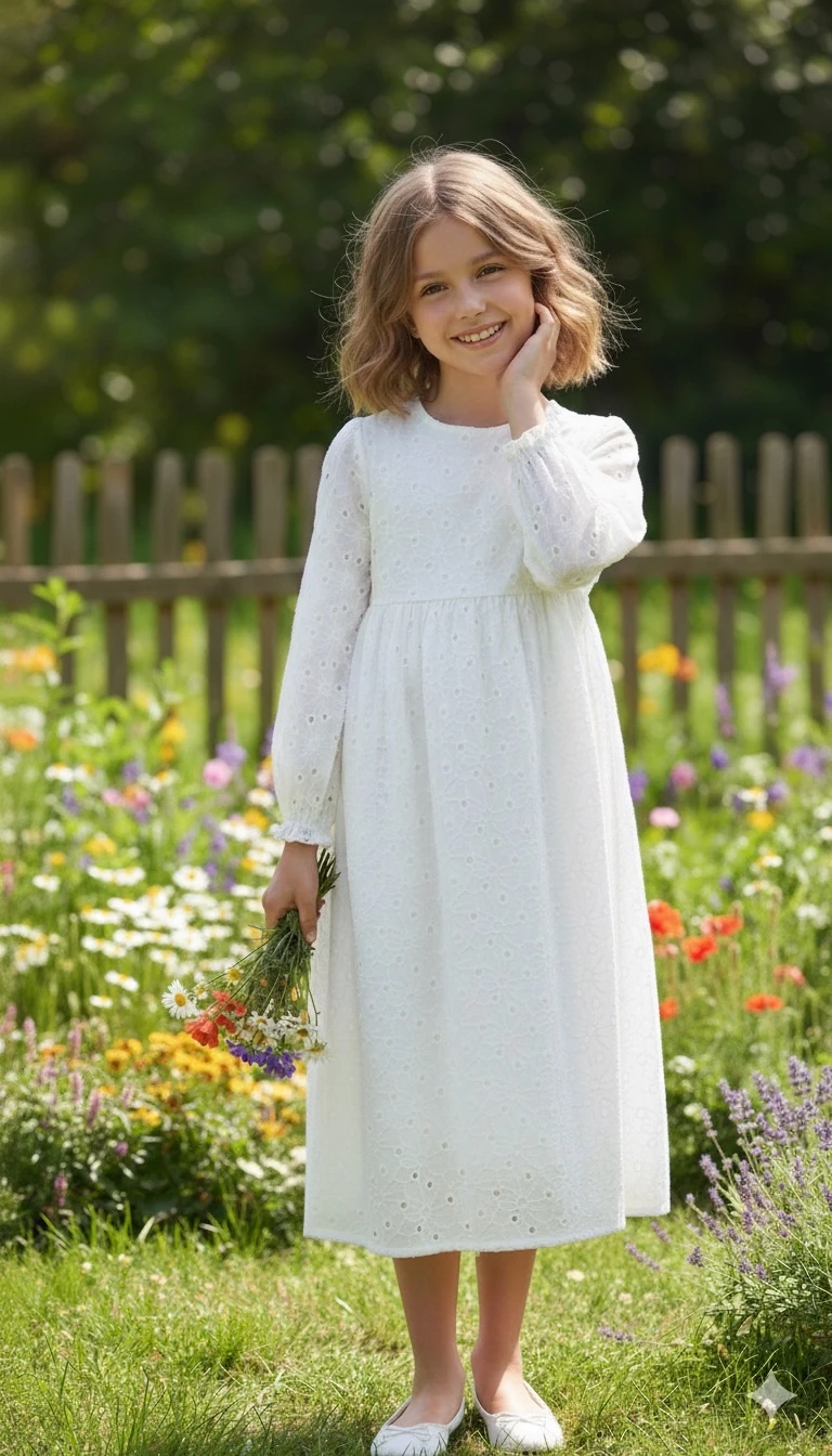 Beyaz Fisto Detaylı Kız Çocuk Elbise | Tam Boy Tesettür | 4-15 Yaş | Kuran Töreni & Günlük
