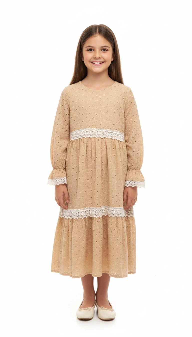 Bej Fisto Detaylı Kız Çocuk Elbise | Tam Boy Tesettür | 4-15 Yaş | Kuran Töreni & Günlük 