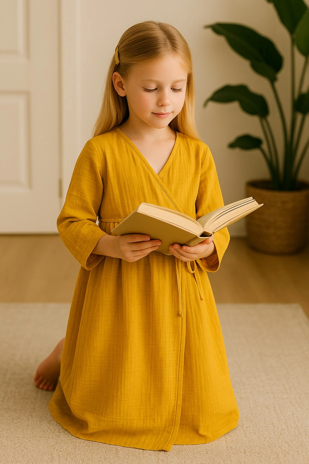 Kız Çocuk Hardal Sarısı Müslin Bağlamalı Namaz Elbisesi | 4-15 Yaş | Rahat & Tesettür 