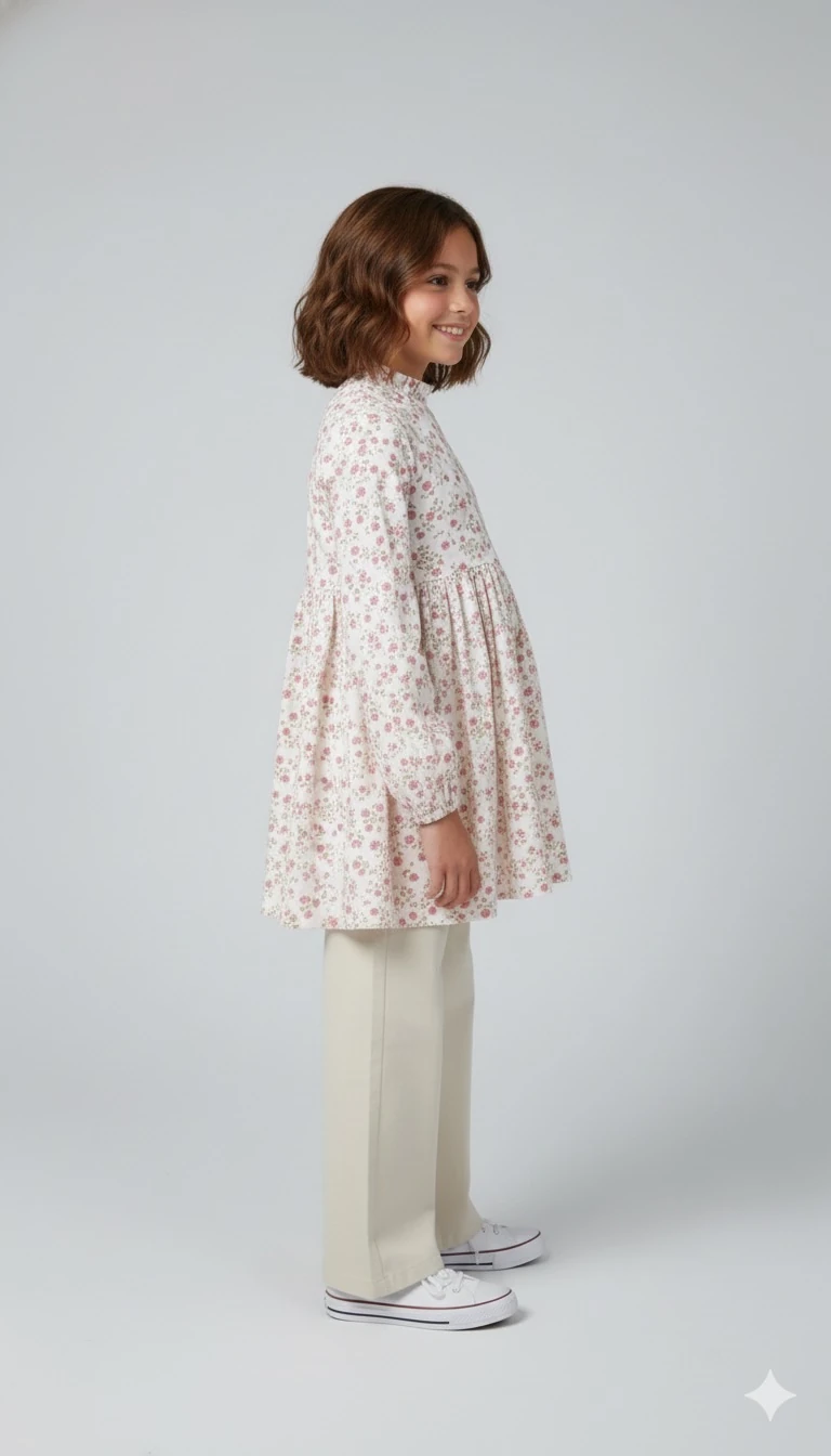 Pembe Güllü Müslin Kız Çocuk Tunik Gömlek | 4-15 Yaş | Yumuşacık & Doğal Kumaş | Tam Boy