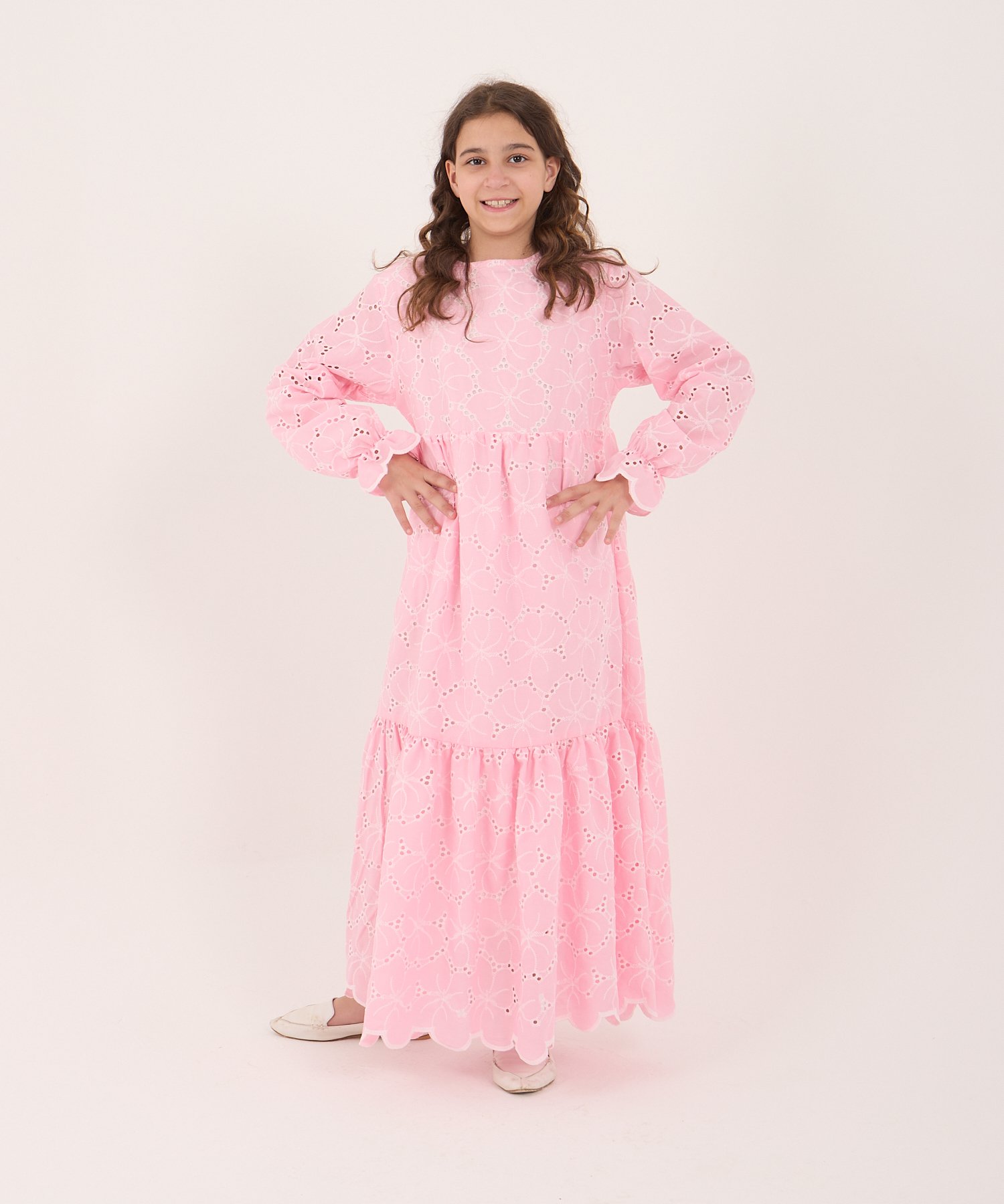 Kız Çocuk Pembe Fistolü Tam Boy Elbise – Tesettür Uyumlu | %80 Pamuklu (5-15 Yaş)