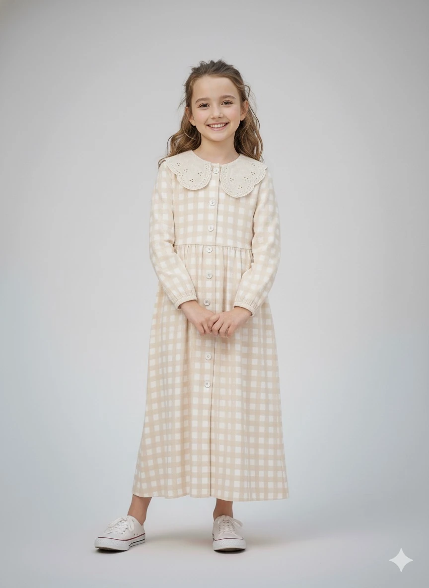 Bej Ekose Düğmeli Fisto Detaylı Bebe Yakalı Kız Çocuk Elbise | Tam Boy | 4-15 Yaş