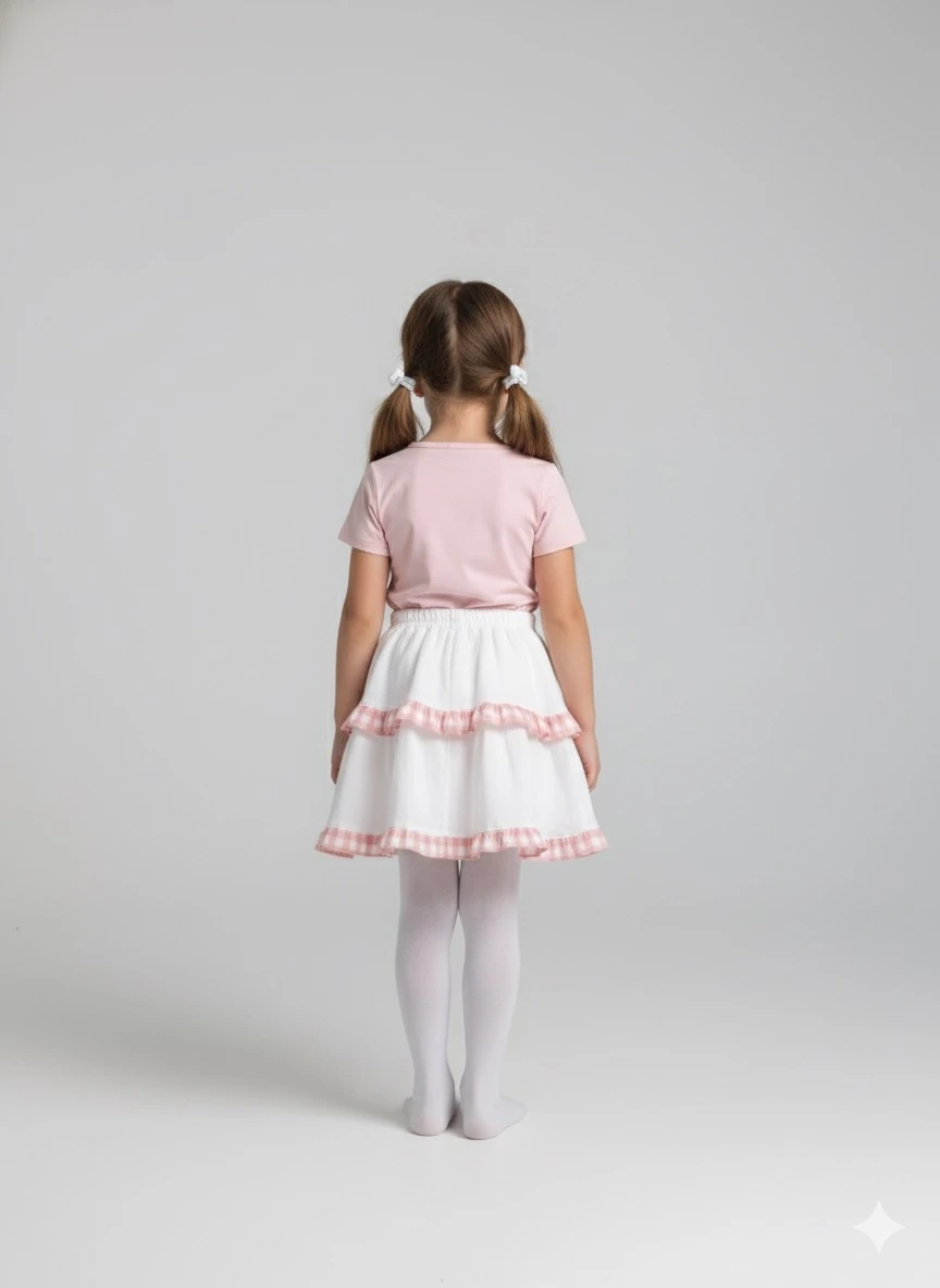 Kız Çocuk Şile Bezi Diz Boyu Pembe Ekose Detaylı Beyaz Etek