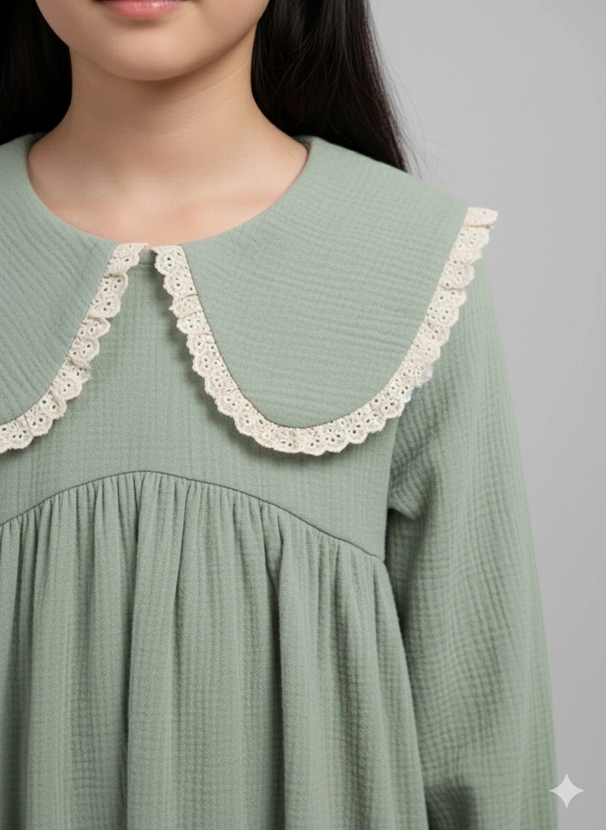 Yeşil Müslin Fisto Detaylı Bebe Yakalı Kız Çocuk Elbise | Tam Boy Tesettür | 4-15 Yaş 