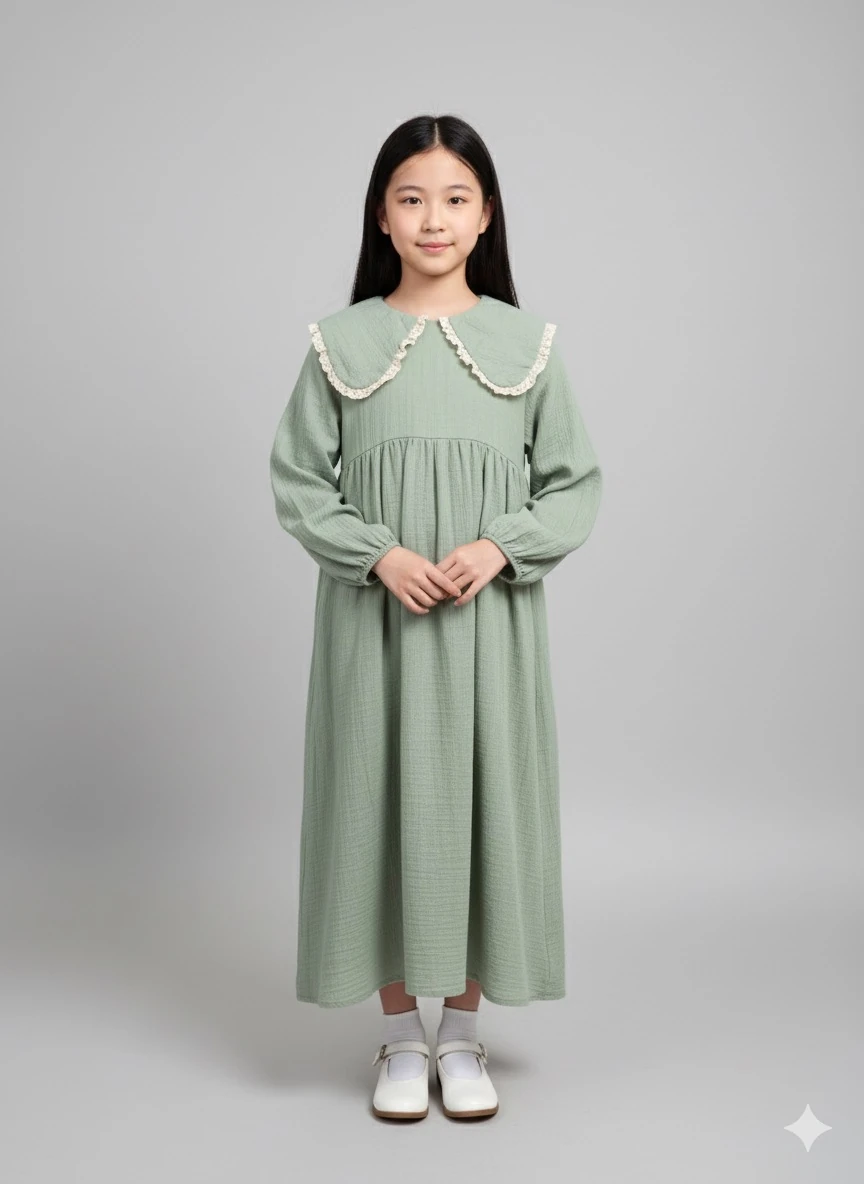 Yeşil Müslin Fisto Detaylı Bebe Yakalı Kız Çocuk Elbise | Tam Boy Tesettür | 4-15 Yaş 