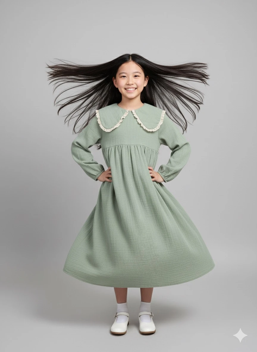 Yeşil Müslin Fisto Detaylı Bebe Yakalı Kız Çocuk Elbise | Tam Boy Tesettür | 4-15 Yaş 