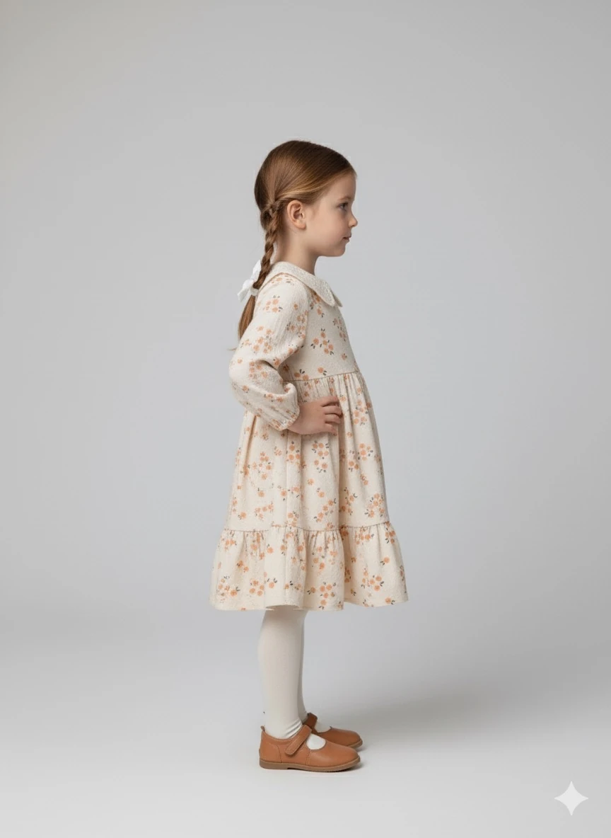 Çiçekli Keten Bebek Elbise • Fisto Yaka • 0-5 Yaş