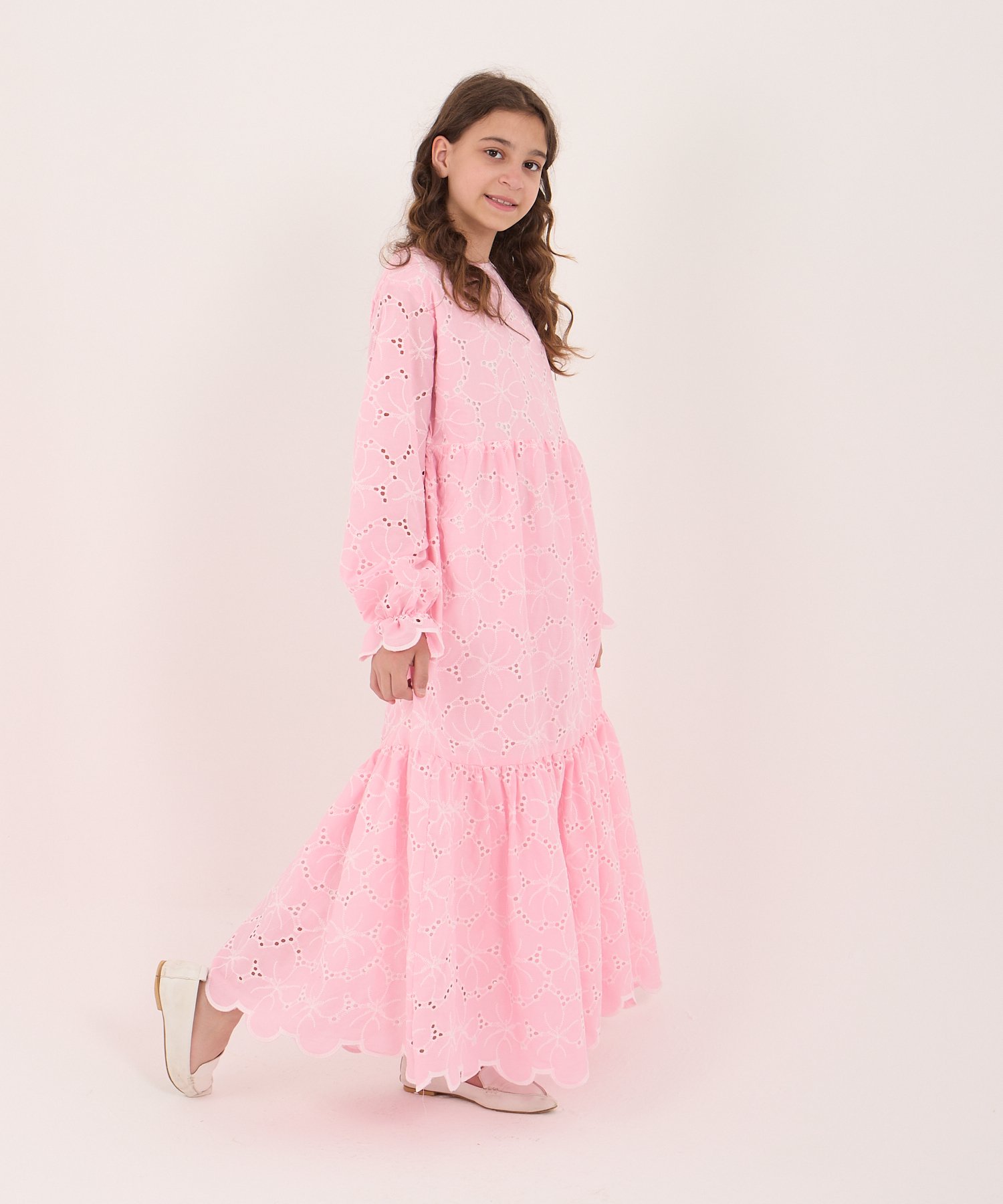 Kız Çocuk Pembe Fistolü Tam Boy Elbise – Tesettür Uyumlu | %80 Pamuklu (5-15 Yaş)