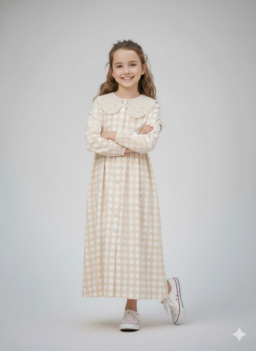 Bej Ekose Düğmeli Fisto Detaylı Bebe Yakalı Kız Çocuk Elbise | Tam Boy | 4-15 Yaş