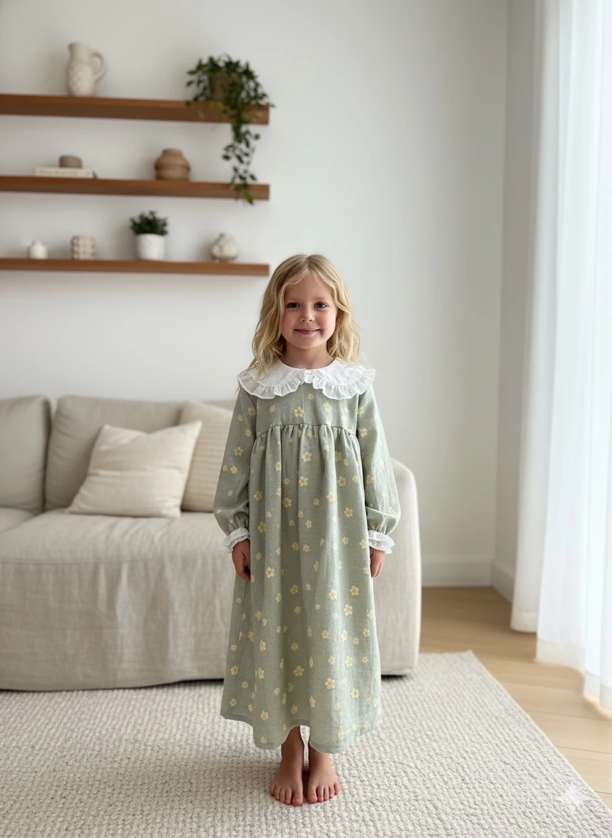 Beyaz Yakalı Yeşil Çiçekli Kız Çocuk Müslin Elbise | Tam Boy | 4-15 Yaş 