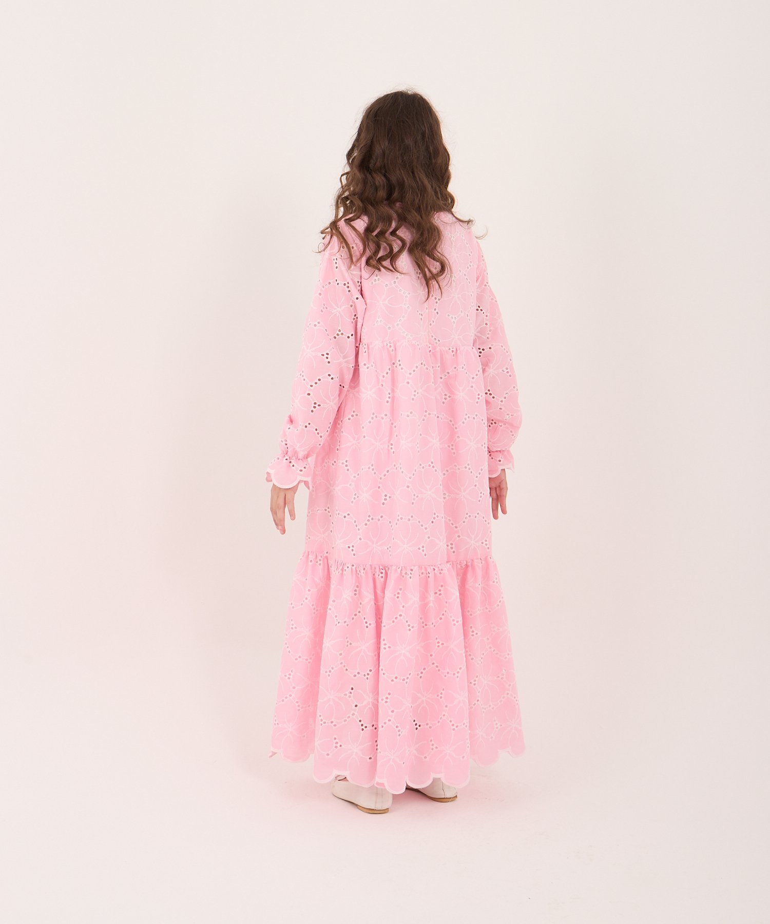 Kız Çocuk Pembe Fistolü Tam Boy Elbise – Tesettür Uyumlu | %80 Pamuklu (5-15 Yaş)
