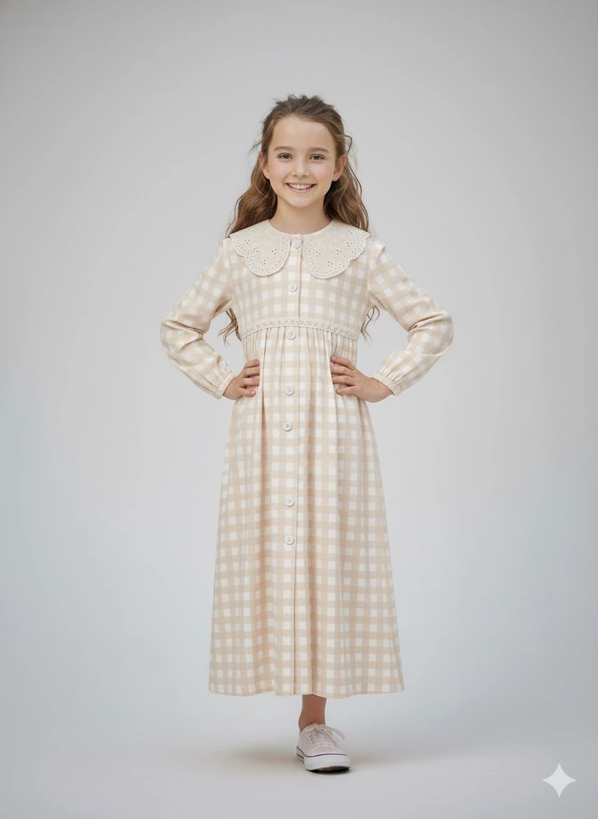 Bej Ekose Düğmeli Fisto Detaylı Bebe Yakalı Kız Çocuk Elbise | Tam Boy | 4-15 Yaş