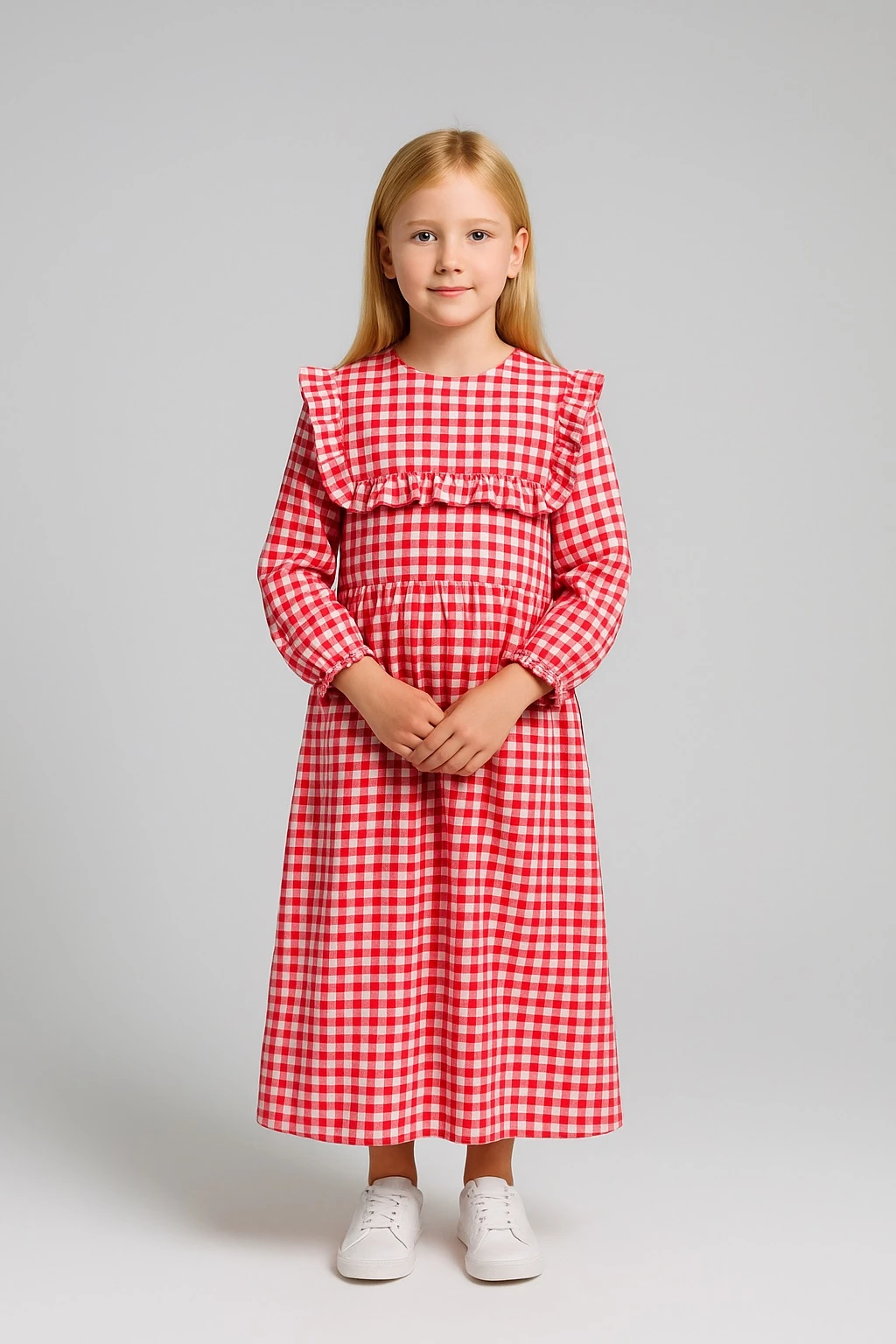 Kırmızı Ekose Bürümcük Kumaş Kız Çocuk Elbise | Tam Boy | 4-15 Yaş | Günlük & Özel Kullanım