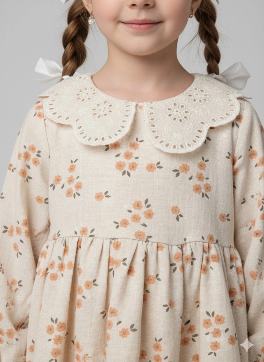 Çiçekli Keten Bebek Elbise • Fisto Yaka • 0-5 Yaş