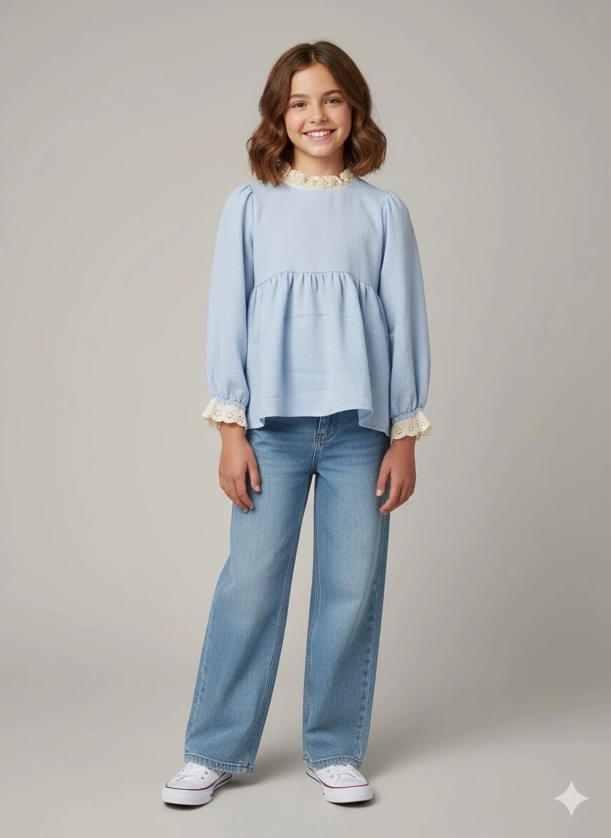 Mavi Müslin Kız Çocuk Tunik | Kol ve Yaka Fisto Detaylı | 4-15 Yaş | Günlük & Özel 