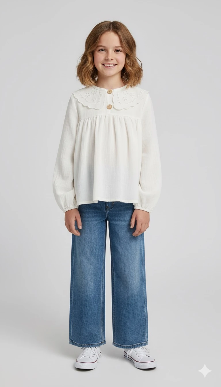 Krem Müslin Fisto Detaylı Bebe Yakalı Kız Çocuk Gömlek | 4-15 Yaş | Doğal & Rahat Kumaş