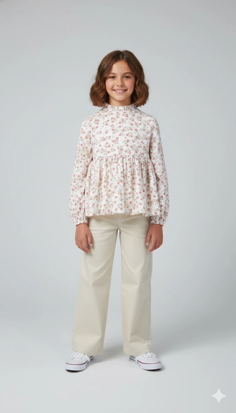 Pembe Güllü Müslin Kız Çocuk Tunik Gömlek | 4-15 Yaş | Yumuşacık & Doğal Kumaş | Tam Boy