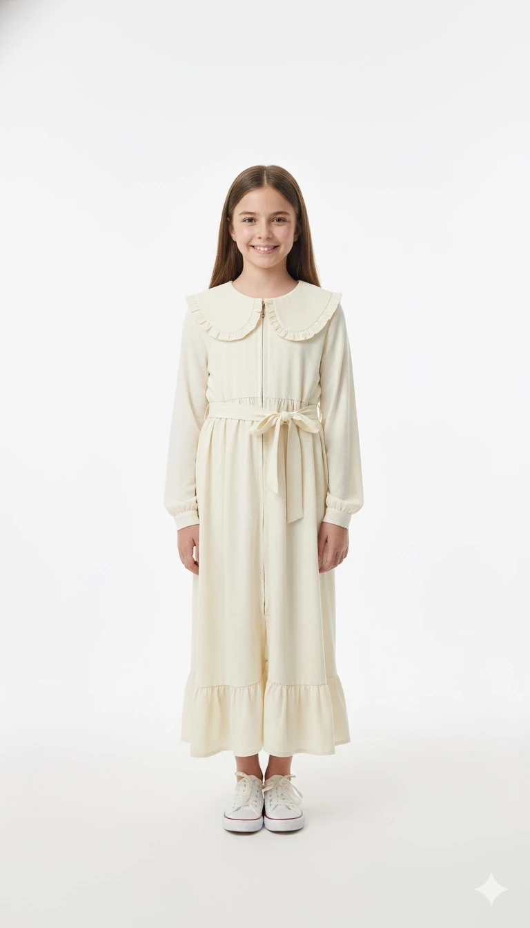 Krem Keten Pamuk Kız Çocuk Ferace | Tam Boy Tesettür | 4-15 Yaş | Doğal & Rahat Kumaş