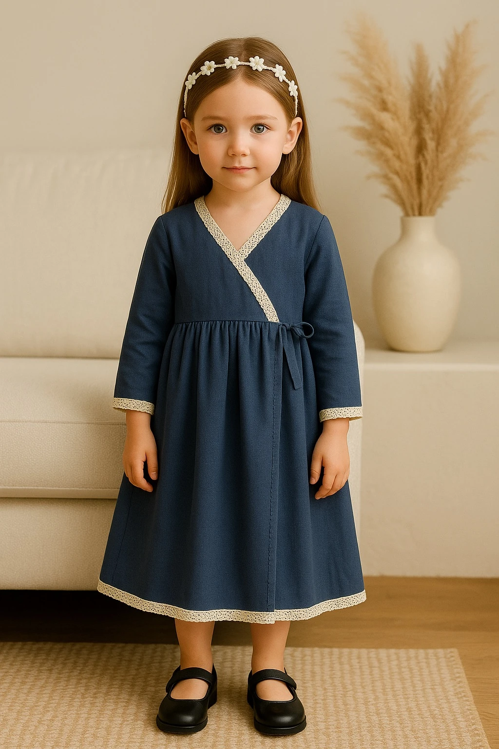 Mavi Müslin Kız Çocuk Namaz Elbisesi | Bağlamalı & Tam Boy | 4-15 Yaş | Hafif & Doğal 