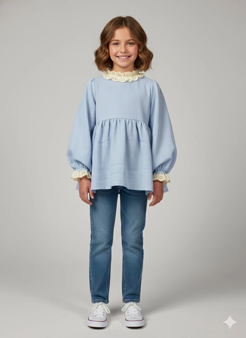 Mavi Müslin Kız Çocuk Tunik | Kol ve Yaka Fisto Detaylı | 4-15 Yaş | Günlük & Özel 