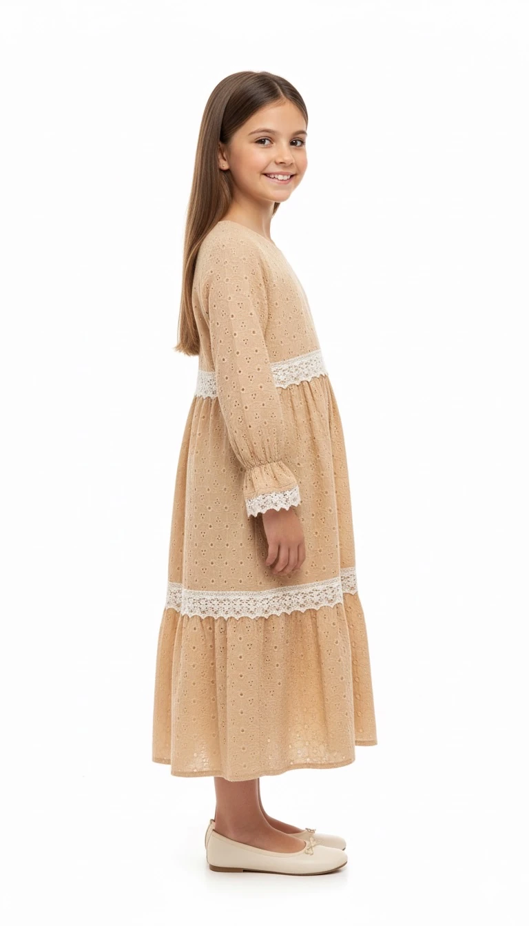 Bej Fisto Detaylı Kız Çocuk Elbise | Tam Boy Tesettür | 4-15 Yaş | Kuran Töreni & Günlük 