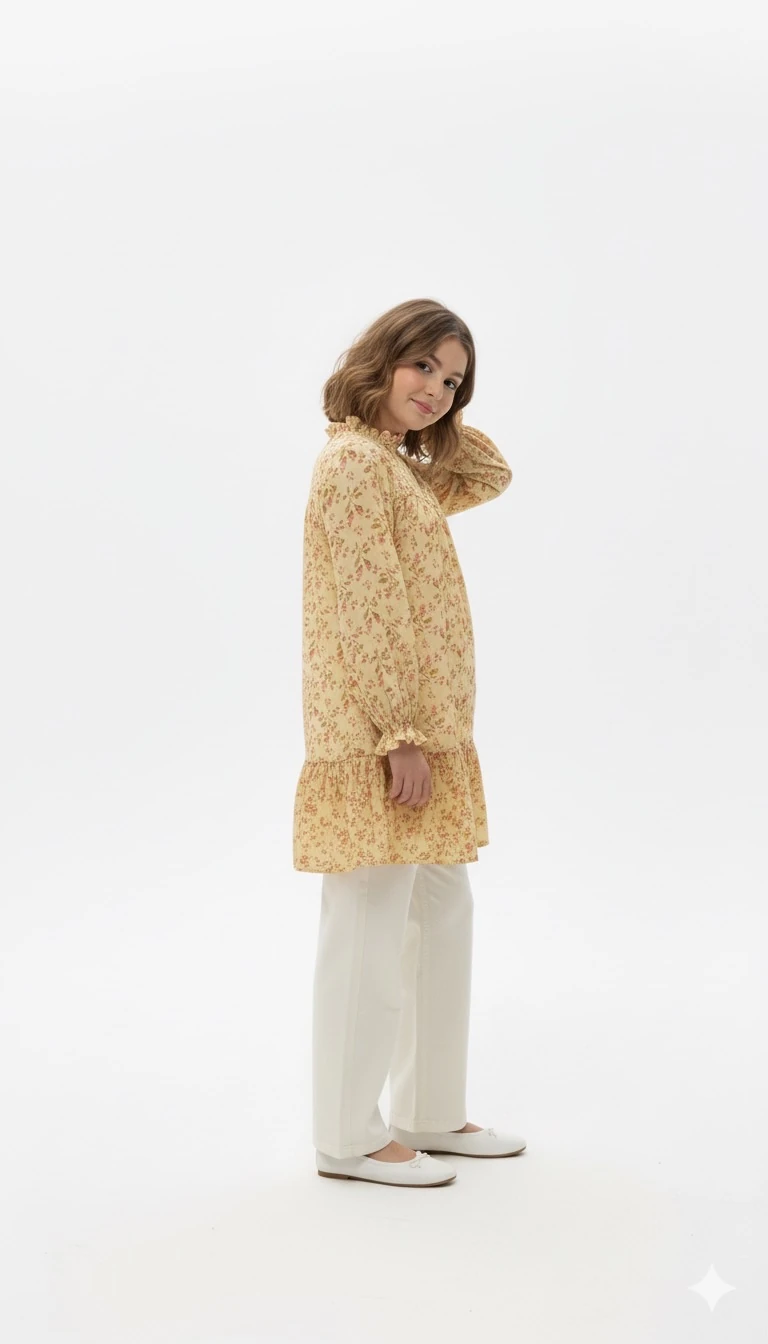 Vintage Güllü Sarı Kız Çocuk Tunik | Müslin Dokulu | 4-15 Yaş | Günlük & Özel Kullanım