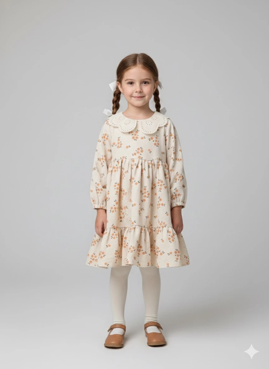 Çiçekli Keten Bebek Elbise • Fisto Yaka • 0-5 Yaş