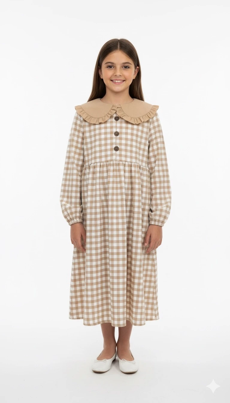 Bej Ekose Düğmeli Bebe Yakalı Kız Çocuk Elbise | Tam Boy | 4-15 Yaş | Doğal & Zarif 