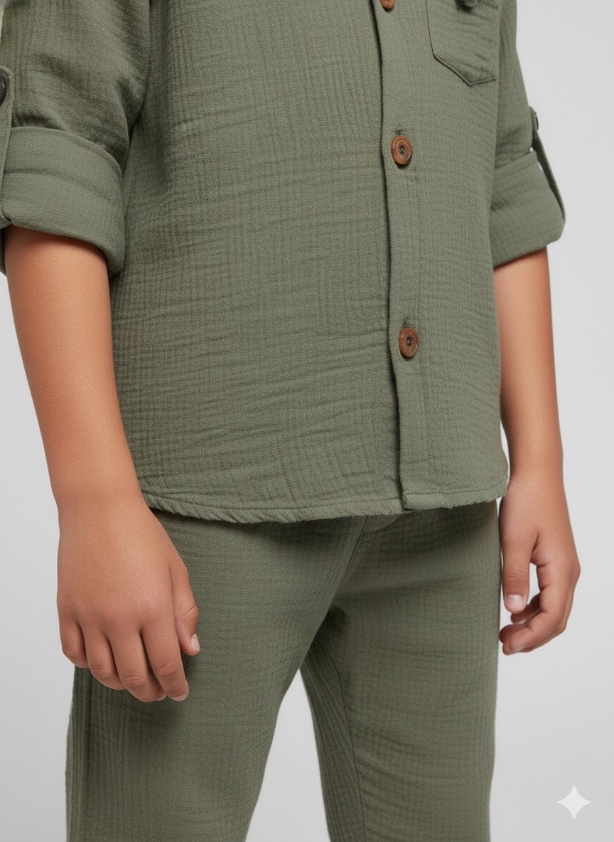 Erkek Çocuk Koyu Yeşil Müslin Umre Hazırlık Gömlekli Takım