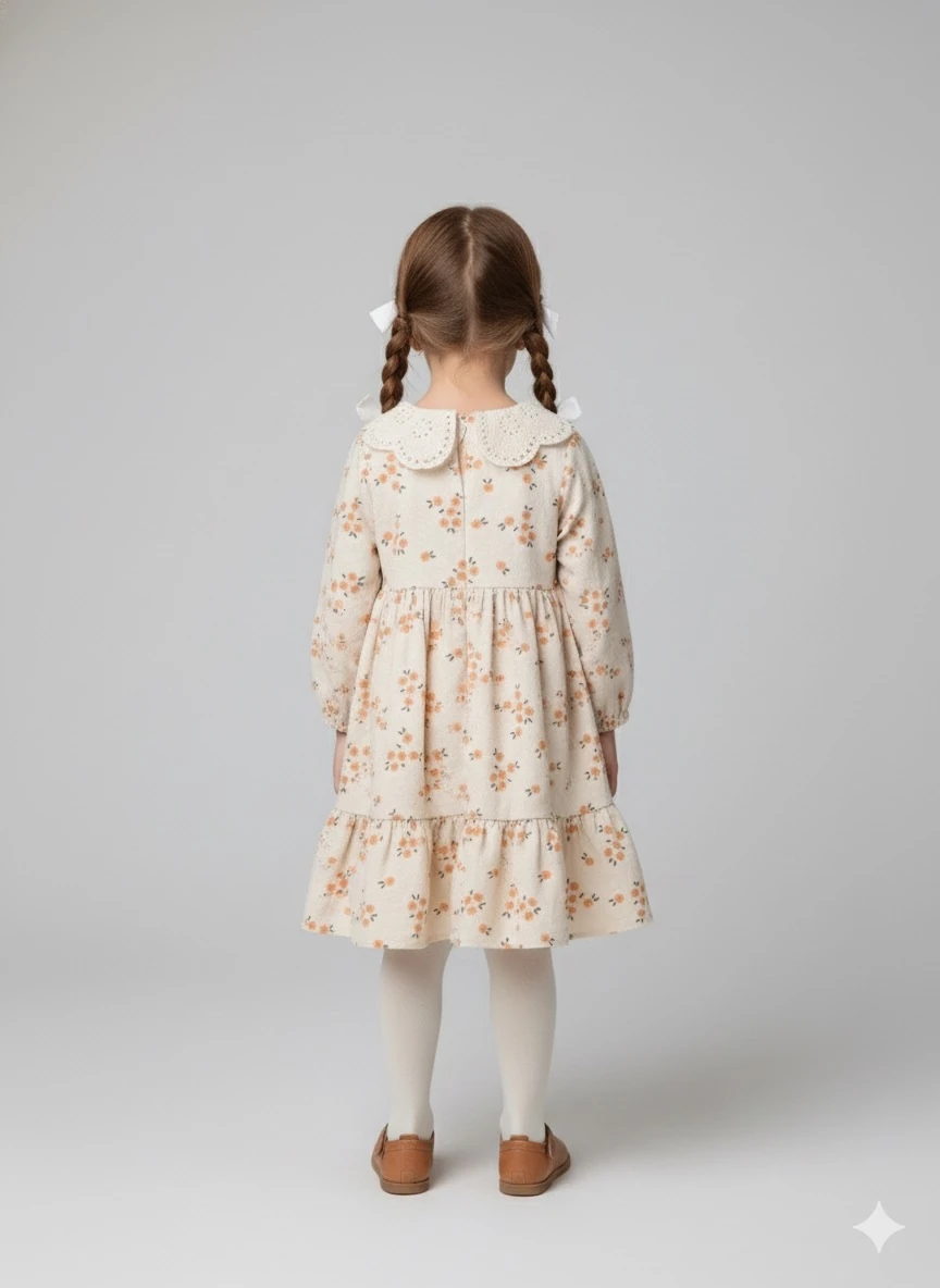 Çiçekli Keten Bebek Elbise • Fisto Yaka • 0-5 Yaş
