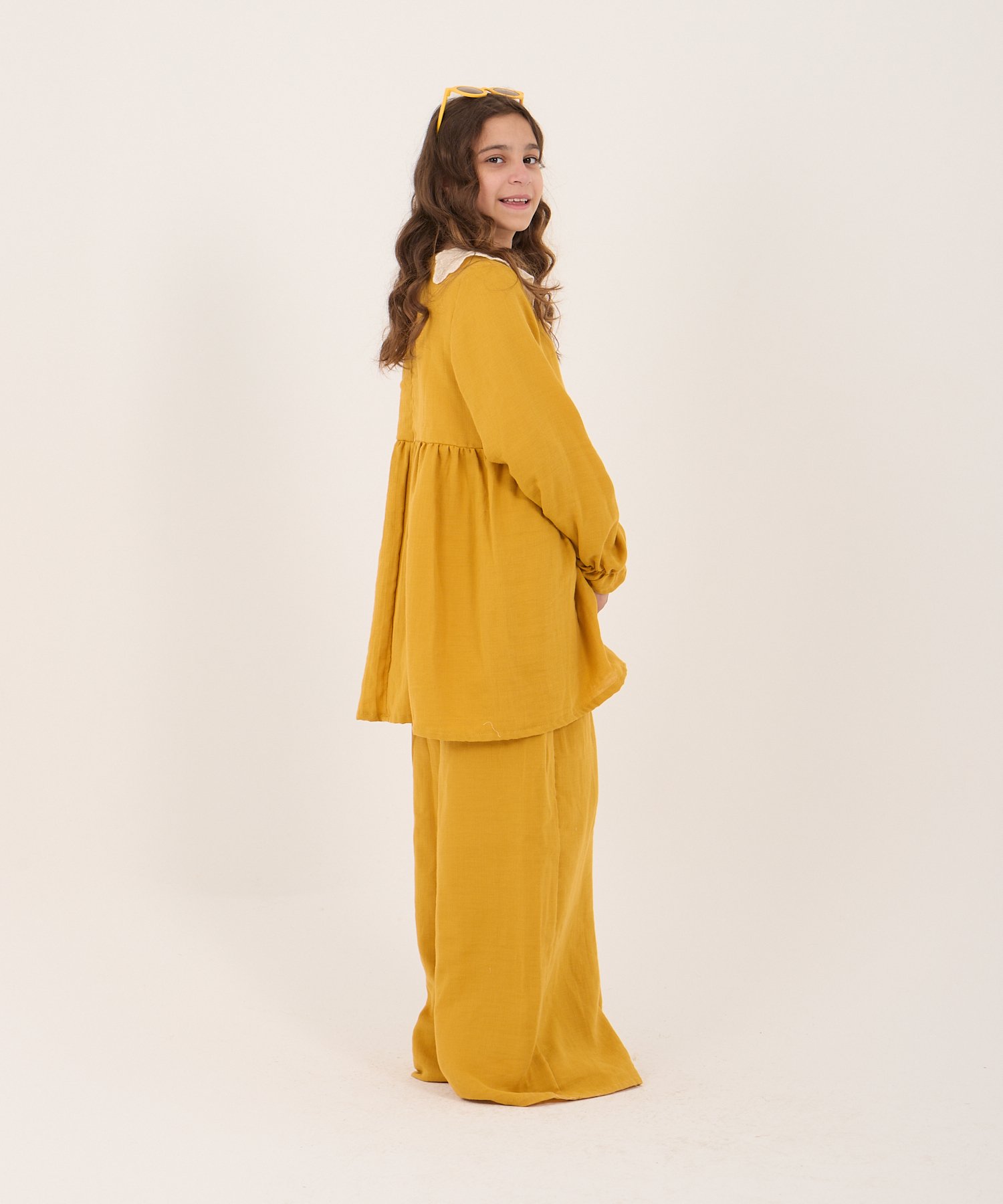 Tesettür Uyumlu Kız Çocuk Hardal Fistolu Yaka Tunik Takım – 2’li Set | 5-14 Yaş | Şık & Rahat