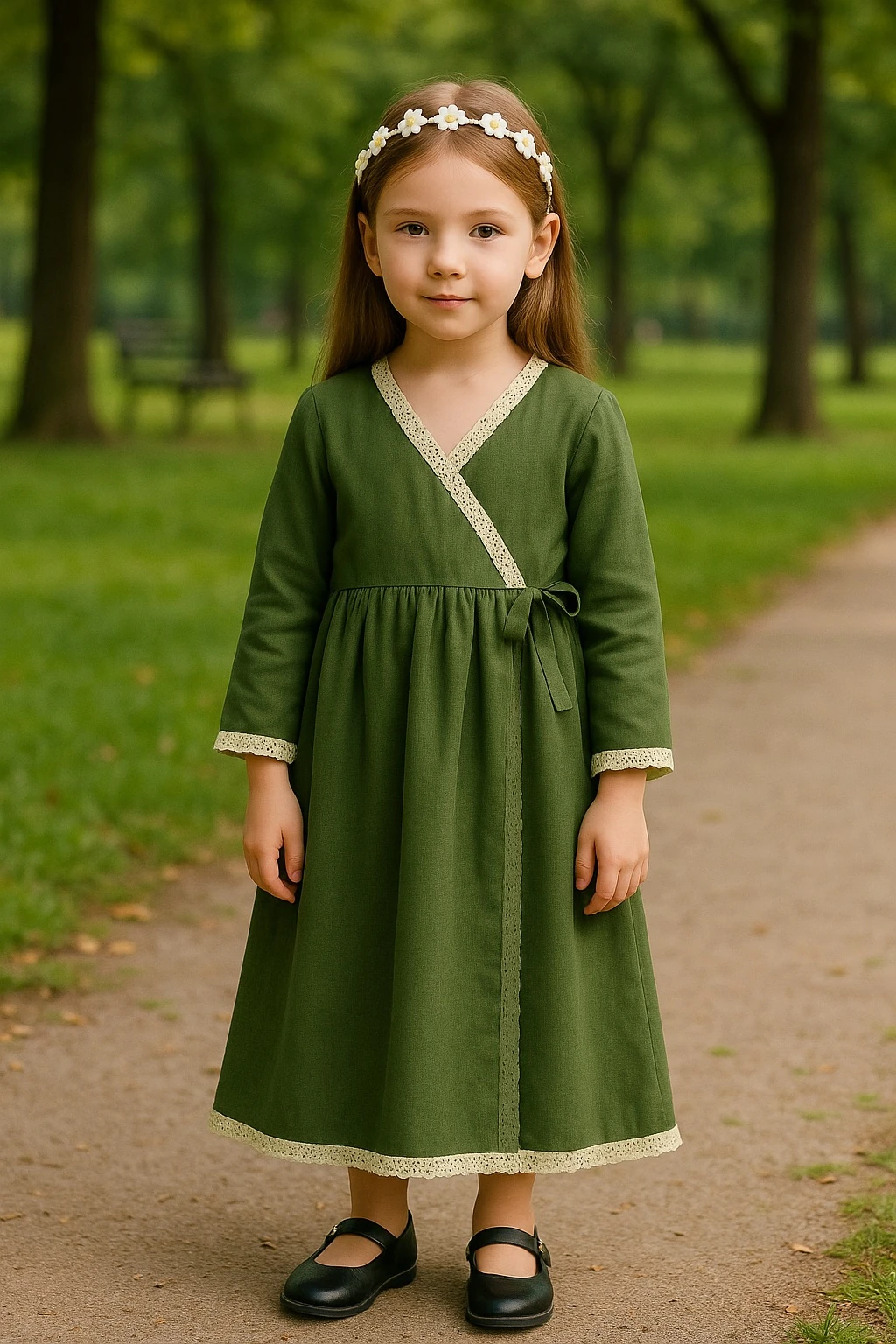 Yeşil Müslin Kız Çocuk Namaz Elbisesi | Bağlamalı & Tam Boy | 4-15 Yaş | Rahat & Zarif