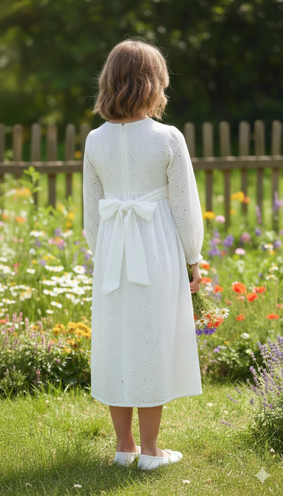 Beyaz Fisto Detaylı Kız Çocuk Elbise | Tam Boy Tesettür | 4-15 Yaş | Kuran Töreni & Günlük