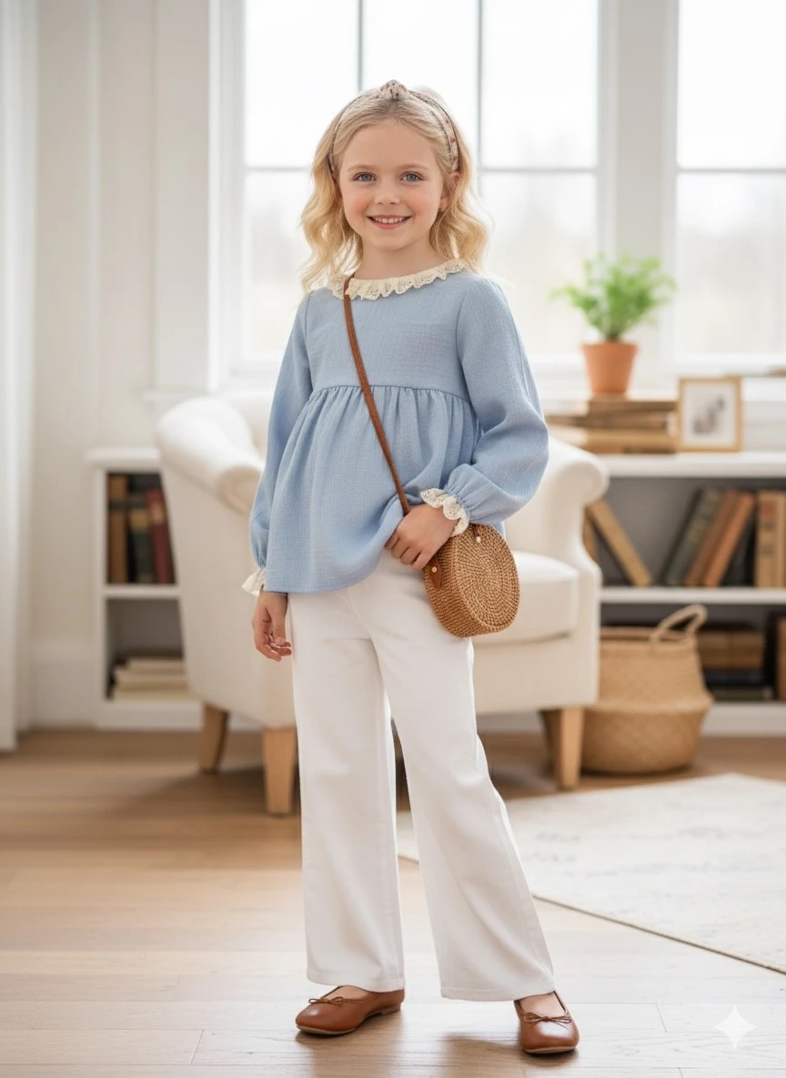 Mavi Müslin Kız Çocuk Tunik | Kol ve Yaka Fisto Detaylı | 4-15 Yaş | Günlük & Özel 