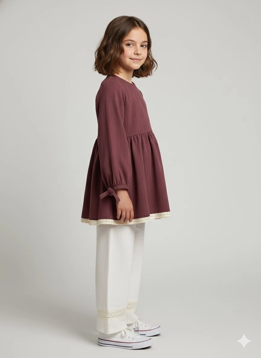 Bordo Keten Fisto Detaylı Kız Çocuk Tunik | Doğal Kumaş | 4-15 Yaş | Günlük & Özel 