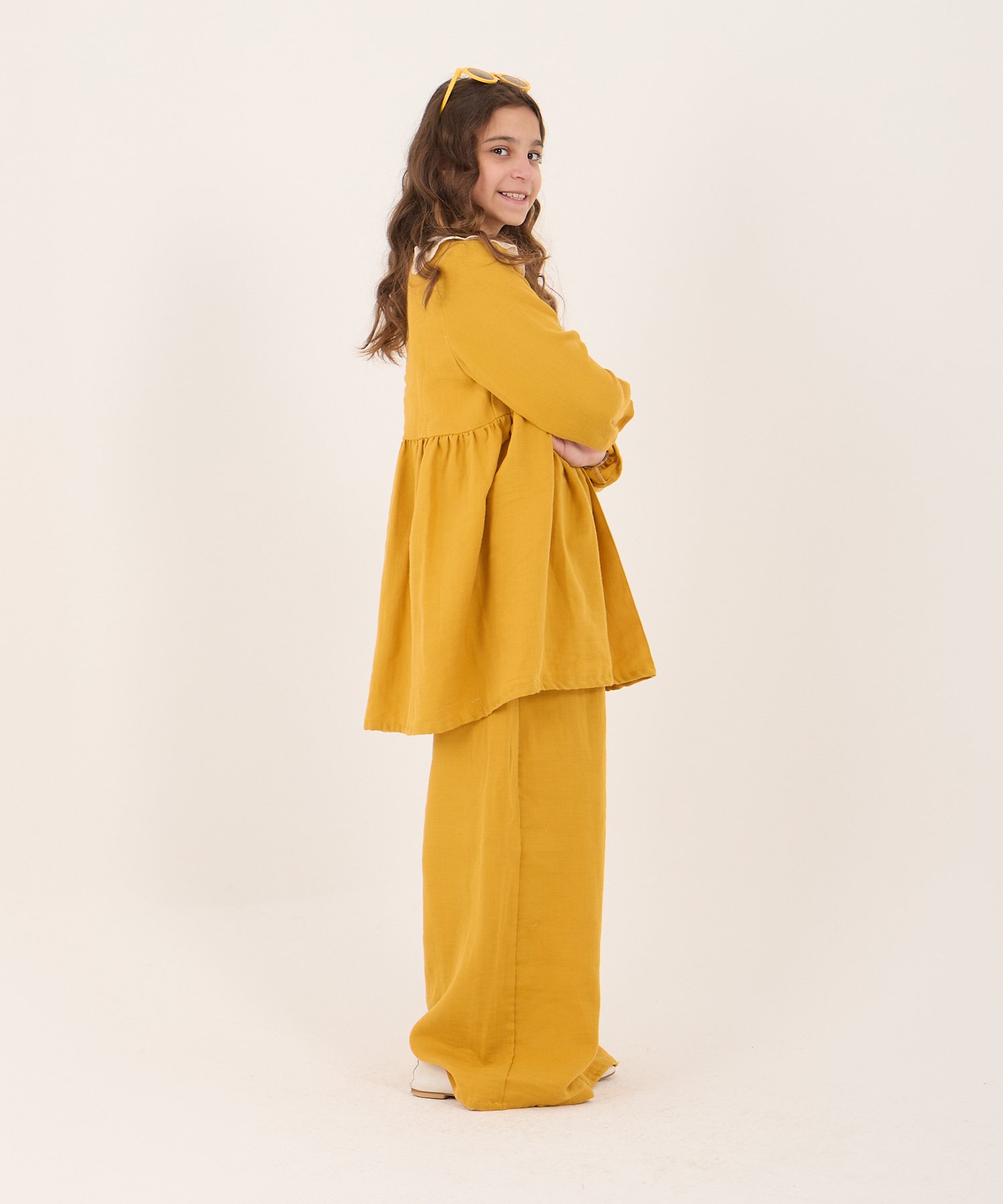Tesettür Uyumlu Kız Çocuk Hardal Fistolu Yaka Tunik Takım – 2’li Set | 5-14 Yaş | Şık & Rahat