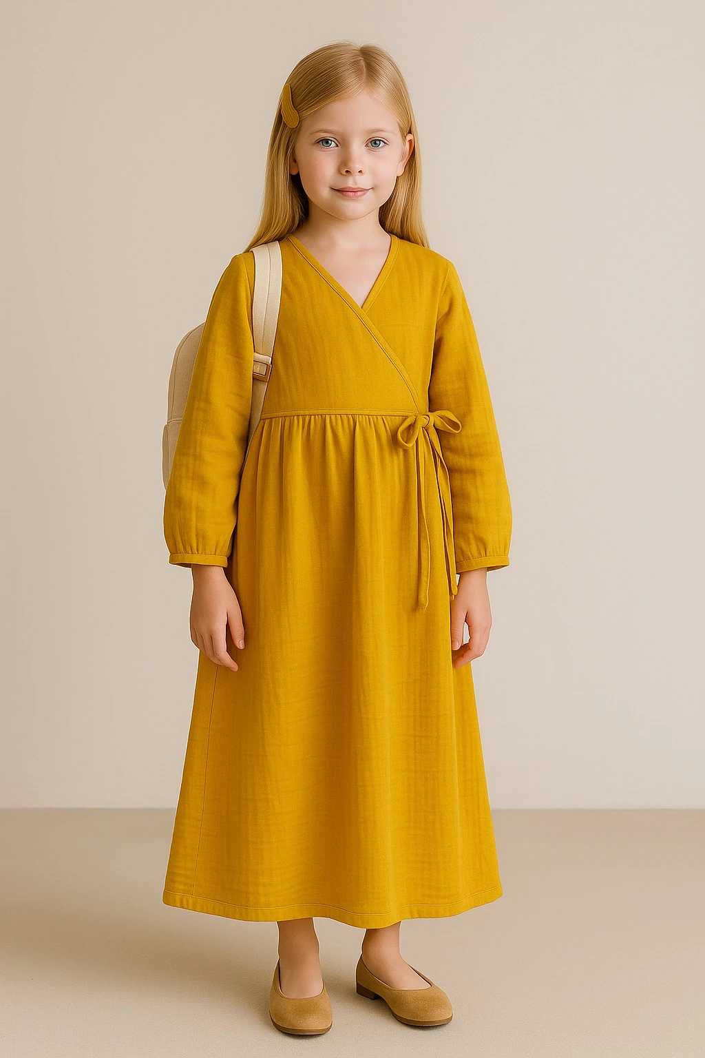 Kız Çocuk Hardal Sarısı Müslin Bağlamalı Namaz Elbisesi | 4-15 Yaş | Rahat & Tesettür 