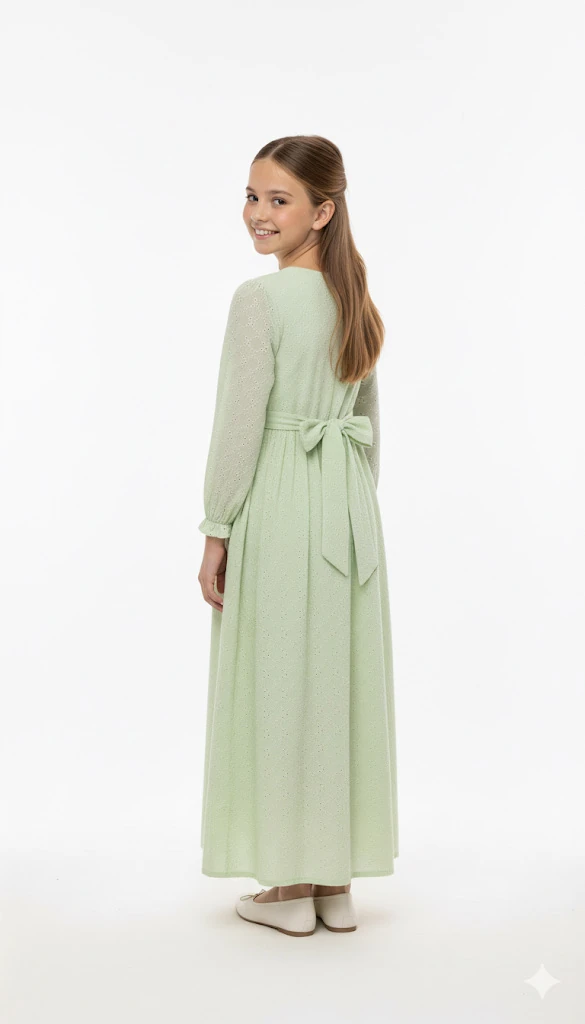 Su Yeşili Fisto Detaylı Kız Çocuk Elbise | İcazet & Kuran Töreni İçin | 4-15 Yaş | Tam Boy