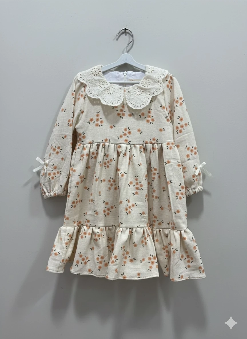 Çiçekli Keten Bebek Elbise • Fisto Yaka • 0-5 Yaş