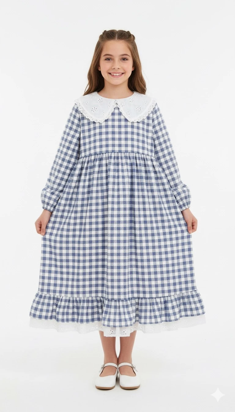 Gri Ekose Desenli Kız Çocuk Elbise | Tam Boy Tesettür | 4-15 Yaş | Günlük & Özel Kullanım 