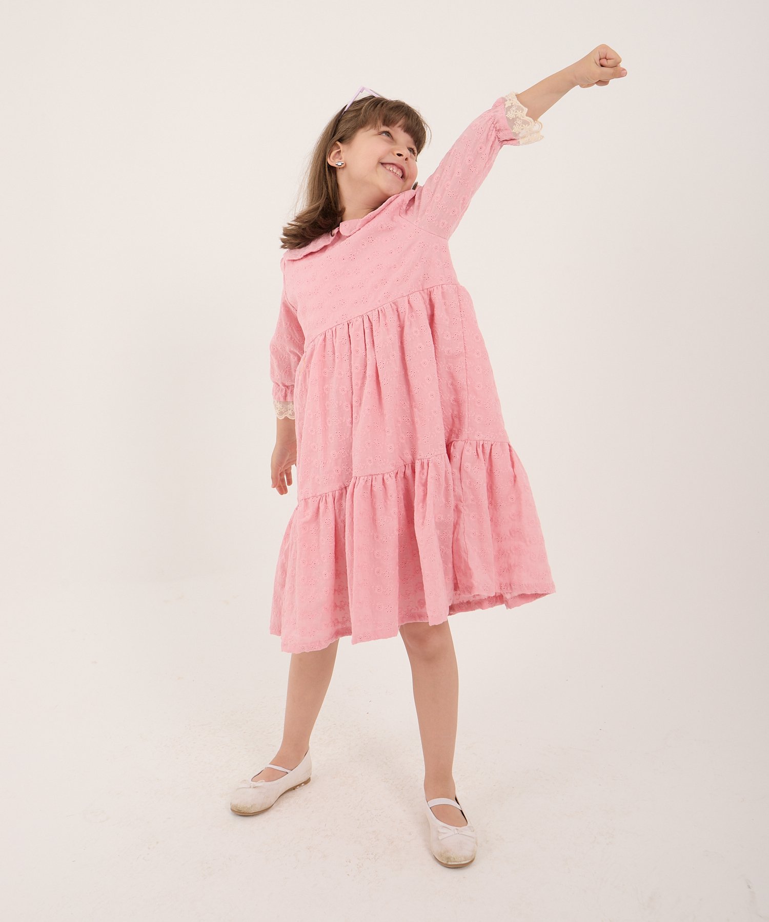 Kız Çocuk Pembe Fistolu Araboy Elbise – Kısa Kollu Yazlık Model | 5-14 Yaş