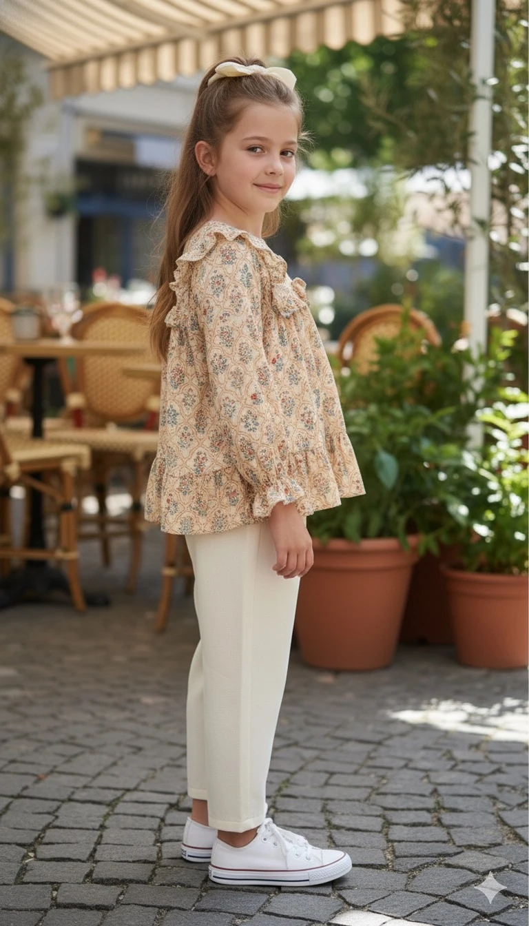 Fırfırlı Vintage Turuncu Fas Desenli Kız Çocuk Tunik Gömlek | 4-15 Yaş | Müslin Dokulu