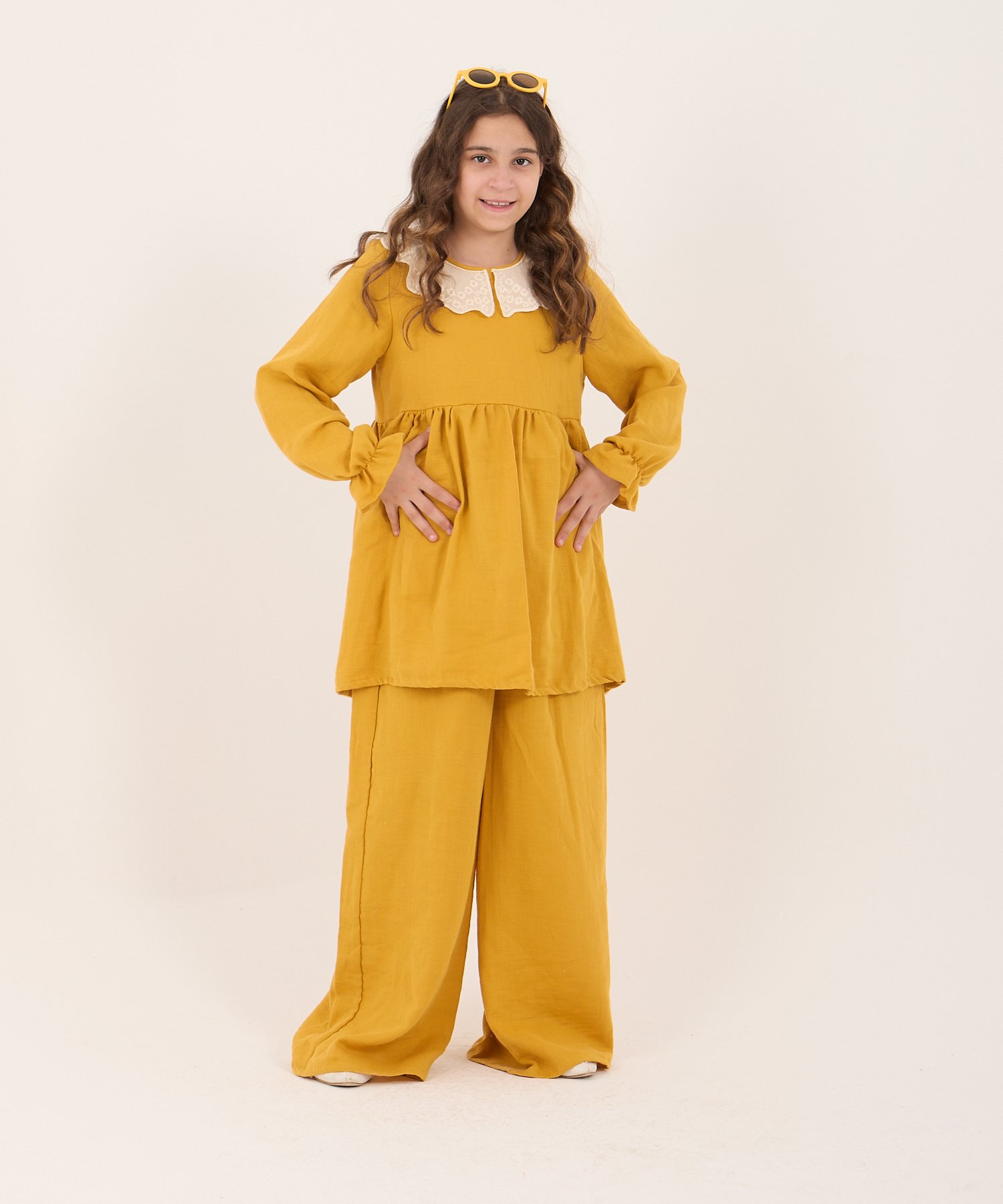 Tesettür Uyumlu Kız Çocuk Hardal Fistolu Yaka Tunik Takım – 2’li Set | 5-14 Yaş | Şık & Rahat