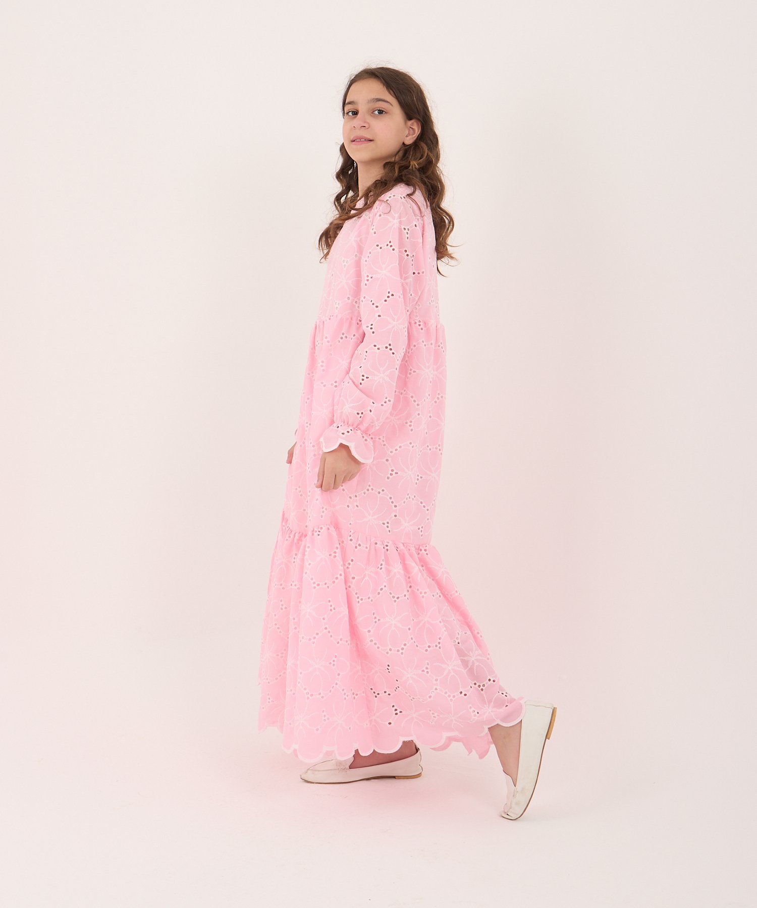 Kız Çocuk Pembe Fistolü Tam Boy Elbise – Tesettür Uyumlu | %80 Pamuklu (5-15 Yaş)