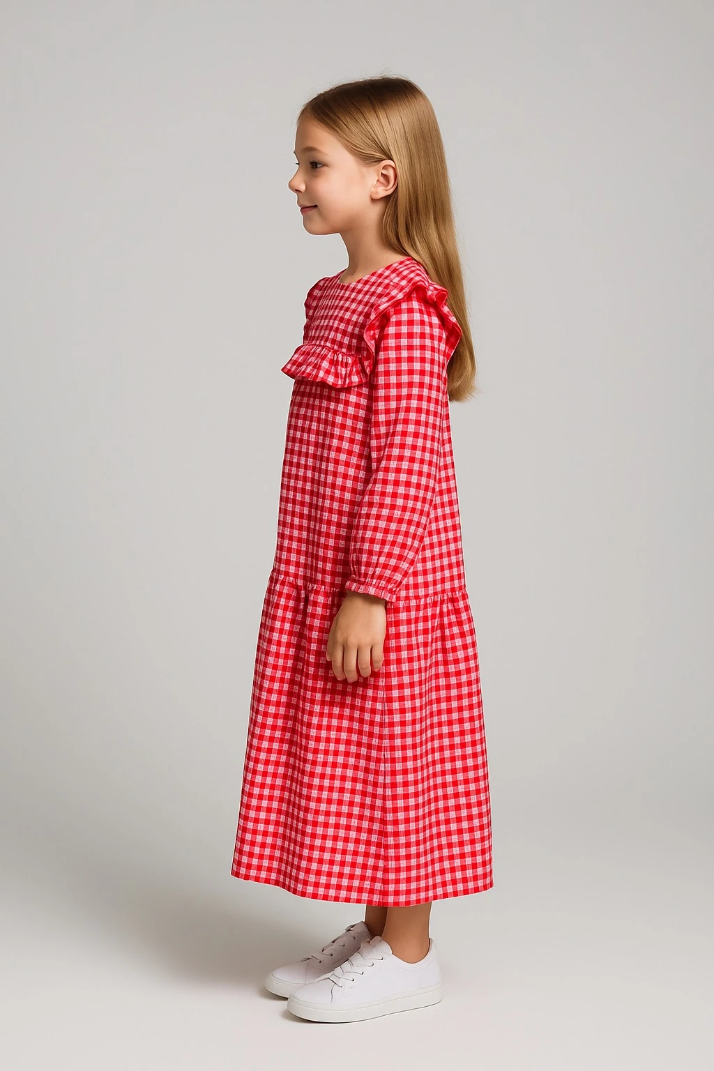 Kırmızı Ekose Bürümcük Kumaş Kız Çocuk Elbise | Tam Boy | 4-15 Yaş | Günlük & Özel Kullanım